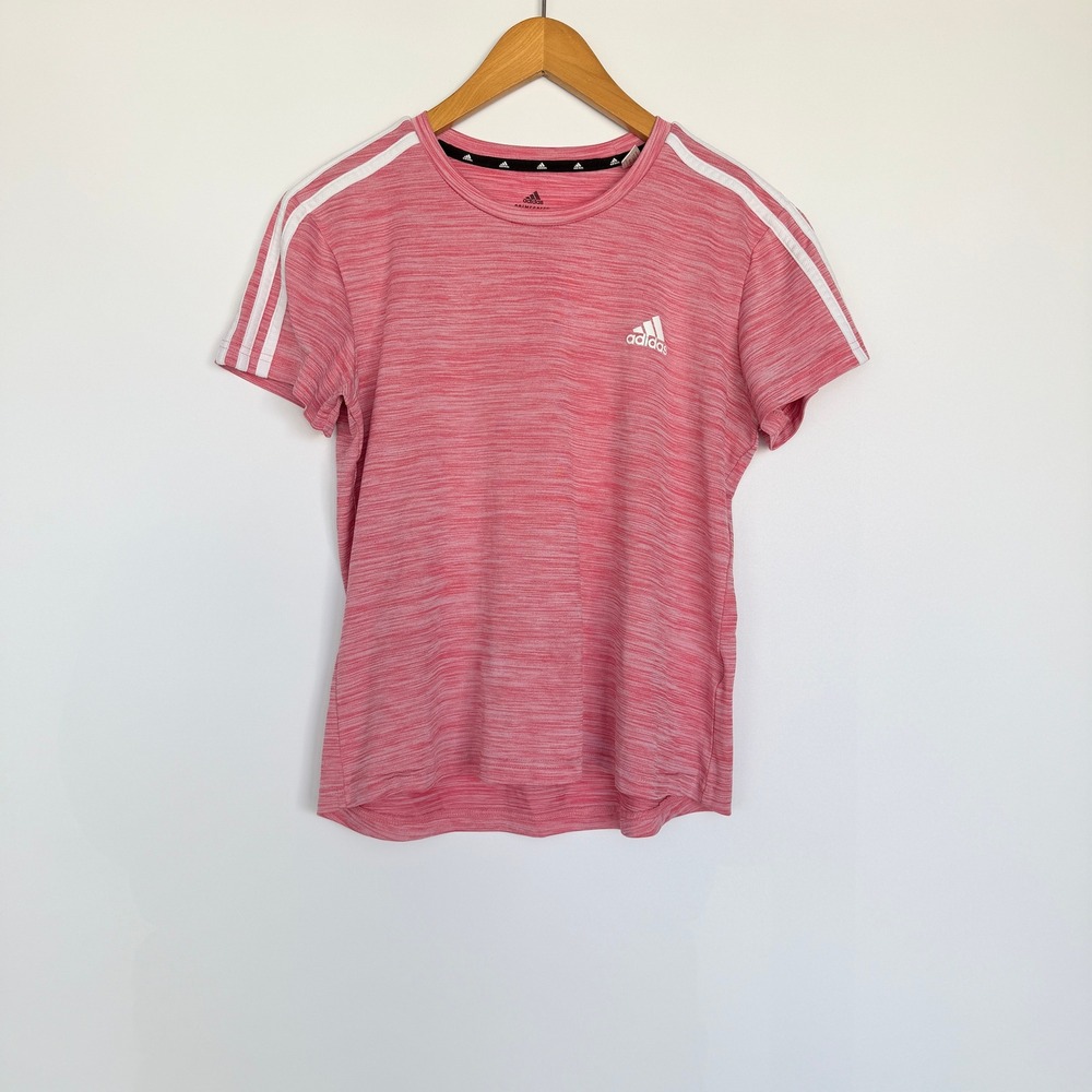 Adidas Aeroready Primegreen T-Shirt Womens M Pink Space Dye 3-Stripe Sport Top